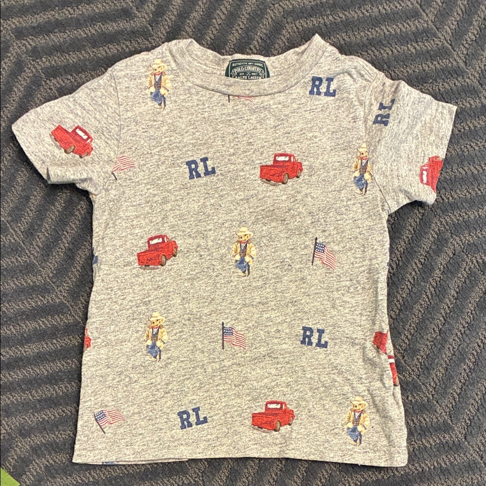 Polo by Ralph Lauren Gray Tee with Red Trucks and Blue Flags